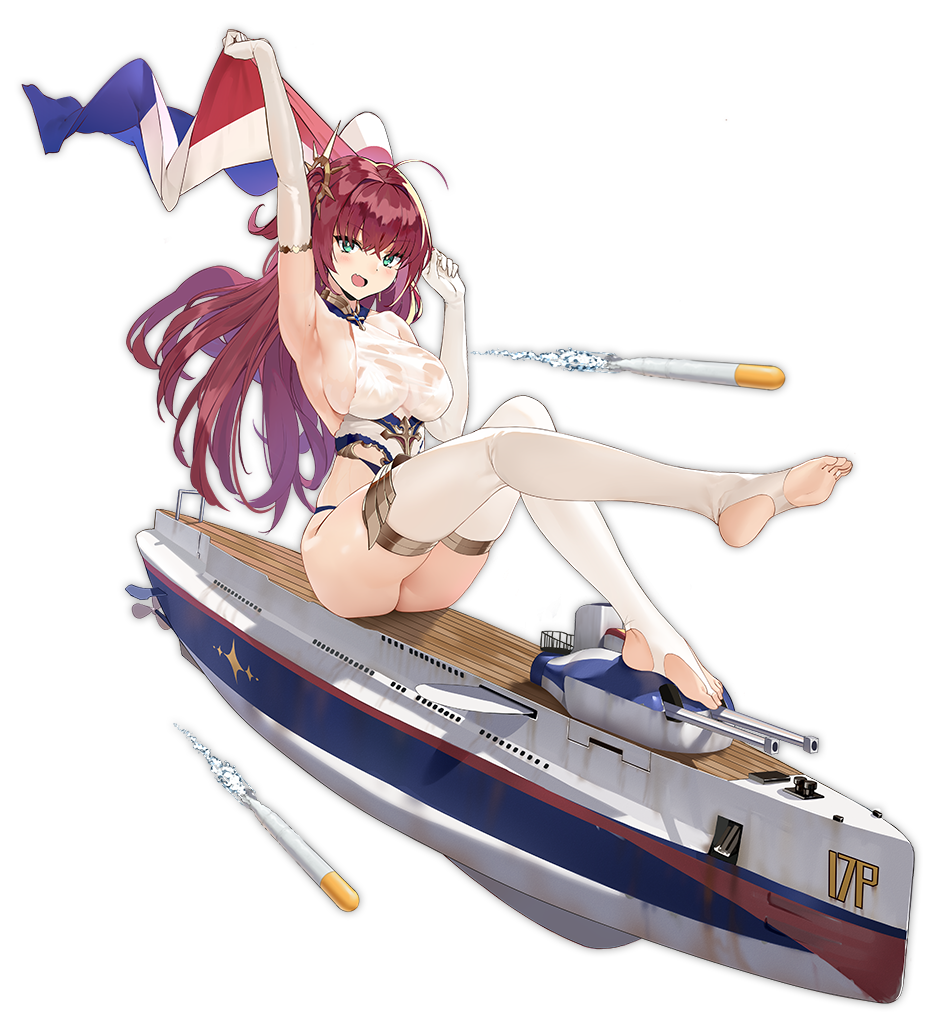 1girl ahoge arm_up armpits artist_request azur_lane breasts cannon cross elbow_gloves eyebrows_visible_through_hair fang flag floating french_flag gloves green_eyes hair_ornament hand_up holding holding_flag large_breasts leg_up long_hair looking_at_viewer machinery official_art open_mouth propeller redhead sideboob sitting sleeveless soles solo surcouf_(azur_lane) thigh-highs torpedo transparent_background turret white_gloves white_legwear