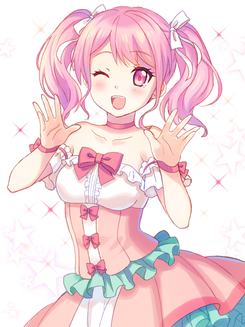 ;d bang_dream! bangs bare_shoulders blush bow center_frills choker collarbone commentary_request detached_sleeves dress eyebrows_visible_through_hair frilled_dress frills hair_ribbon hands_up looking_at_viewer maruyama_aya one_eye_closed open_mouth pink_bow pink_choker pink_eyes pink_hair ribbon shati sidelocks smile sparkle star strapless strapless_dress twintails upper_teeth white_ribbon wrist_bow