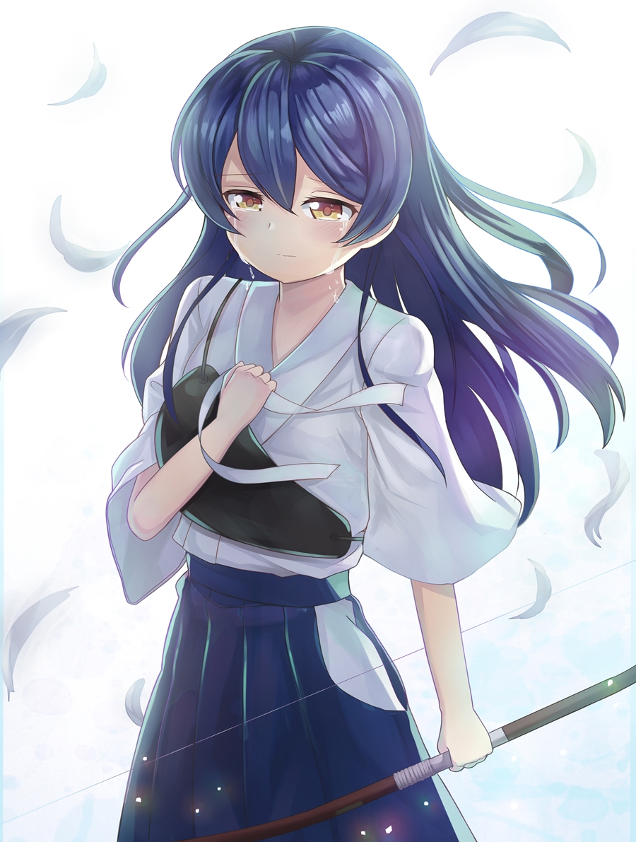 1girl archery bangs blue_hair bow_(weapon) commentary_request crying hair_between_eyes hakama hakama_skirt holding holding_bow_(weapon) holding_weapon japanese_clothes kyuudou long_hair love_live! love_live!_school_idol_project motokonut muneate solo sonoda_umi weapon yellow_eyes