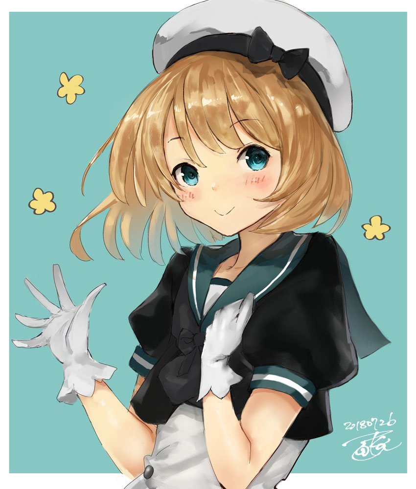 1girl :&gt; alternate_hair_length alternate_hairstyle blonde_hair blue_background blue_eyes blue_sailor_collar dated dress gloves hat jervis_(kantai_collection) kantai_collection looking_at_viewer sailor_collar sailor_dress sailor_hat short_hair short_sleeves signature smile solo toka_(marchlizard) upper_body white_dress white_gloves white_hat