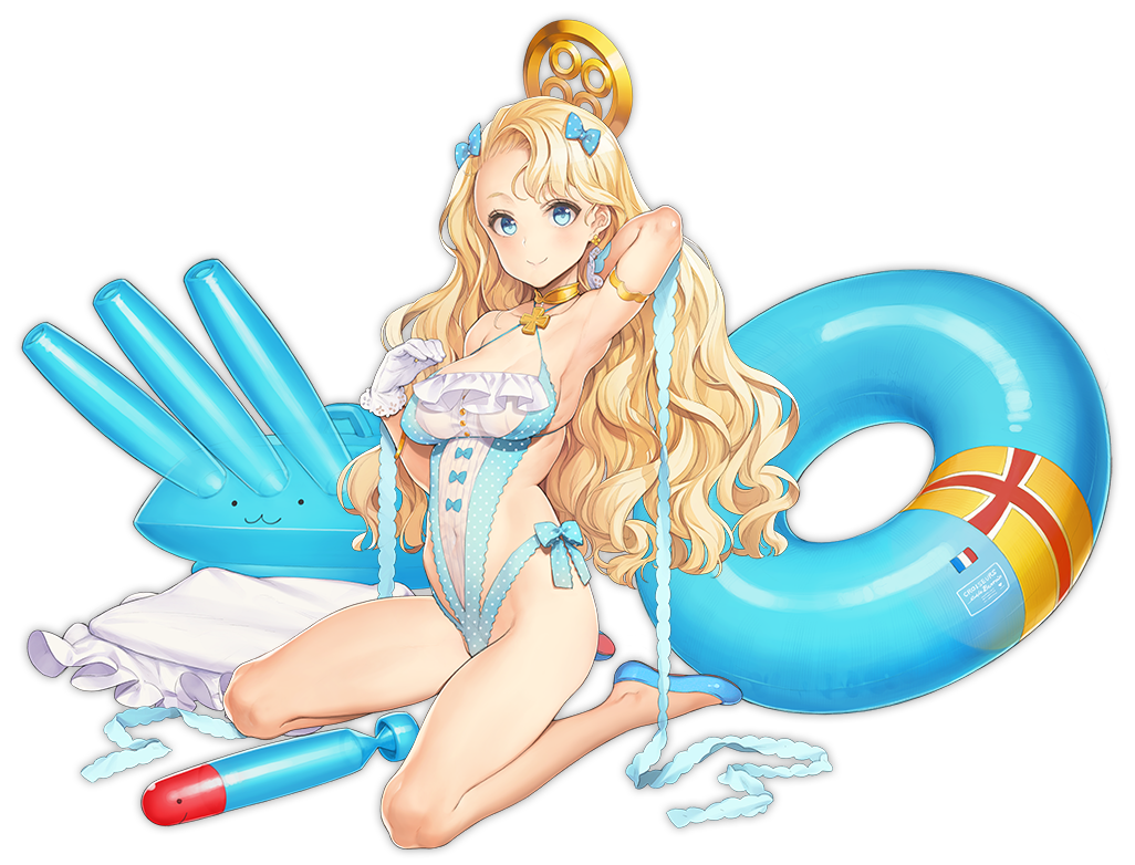 1girl adapted_costume aqua_bow aqua_eyes aqua_footwear aqua_swimsuit arm_behind_back arm_up armlet armpits azur_lane bangs bare_arms bare_legs bare_shoulders blonde_hair bow breasts buoy cannon choker cleavage collarbone covered_navel cross emile_bertin_(azur_lane) french_flag frilled_swimsuit frills full_body gloves hair_bow hair_ornament halterneck hand_up highleg highleg_swimsuit long_hair looking_at_viewer medium_breasts official_art parted_bangs polka_dot polka_dot_swimsuit ribbon ribs seiza sitting smile solo swimsuit torpedo transparent_background turret wavy_hair white_gloves
