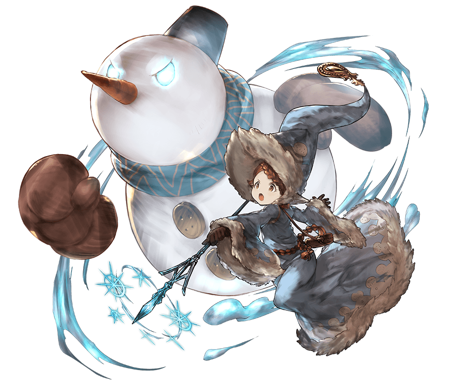 1girl blue_dress blue_scarf braid brown_eyes brown_gloves brown_hair dress gloves granblue_fantasy harvin hat long_dress long_hair long_sleeves minaba_hideo official_art open_mouth scarf staff suframare transparent_background