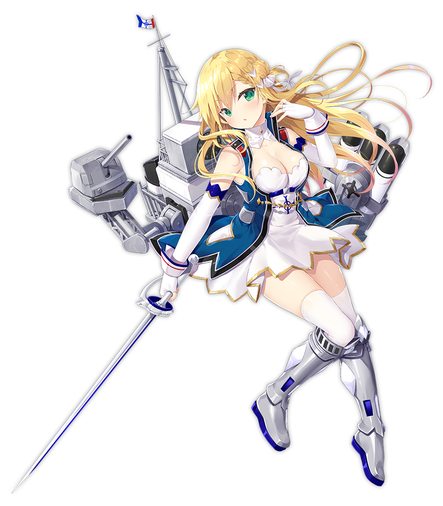 1girl armpit_peek azur_lane bangs blonde_hair blush boots braid breasts cannon cleavage cleavage_cutout clock detached_collar dress elbow_gloves eyebrows_visible_through_hair fingerless_gloves floating_hair forbin_(azur_lane) french_flag gloves green_eyes hair_ornament hair_ribbon hand_up head_tilt holding holding_sword holding_weapon jacket looking_at_viewer machinery mast medium_breasts metal_boots official_art outstretched_arms parted_lips ribbon rigging shiny shiny_hair shiny_skin short_dress skindentation sleeveless_jacket solo standing standing_on_one_leg sword thigh-highs torpedo torpedo_launcher torpedo_tubes transparent_background turret unsheathed weapon white_dress white_gloves white_legwear yano_mitsuki
