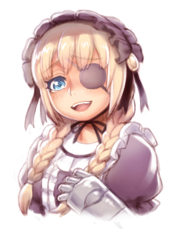 blonde_hair blue_eyes braid commentary_request dress erika_(gunnm) eyepatch folks_(nabokof) frills gothic_lolita gunnm hairband lolita_fashion lolita_hairband mechanical_arm open_mouth portrait puffy_short_sleeves puffy_sleeves short_sleeves smile white_background