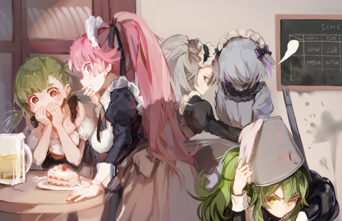 6+girls ahoge alcohol alternate_costume alternate_hairstyle apron bangs beer beer_mug blush bow breasts bucket bucket_on_head cake chalkboard cleavage closed_mouth covering_mouth dress eyebrows_visible_through_hair food frills g28_(girls_frontline) g36_(girls_frontline) gepard_m1_(girls_frontline) girls_frontline gloves green_hair grey_hair hair_between_eyes hair_bow hair_ornament holding holding_towel large_breasts leaning_forward long_hair lookign_back looking_at_viewer m950a_(girls_frontline) maid maid_headdress medium_breasts messy_hair mole mole_on_breast mop multicolored_hair multiple_girls ntw-20_(girls_frontline) object_on_head one_eye_closed one_side_up orange_eyes pale_skin parted_lips pink_eyes pink_hair plate ponytail pov purple_hair shadow short_hair shuzi sidelocks silver_hair skirt streaked_hair sweatdrop table tearing_up thompson/center_contender_(girls_frontline) towel twintails two_side_up very_long_hair yellow_eyes