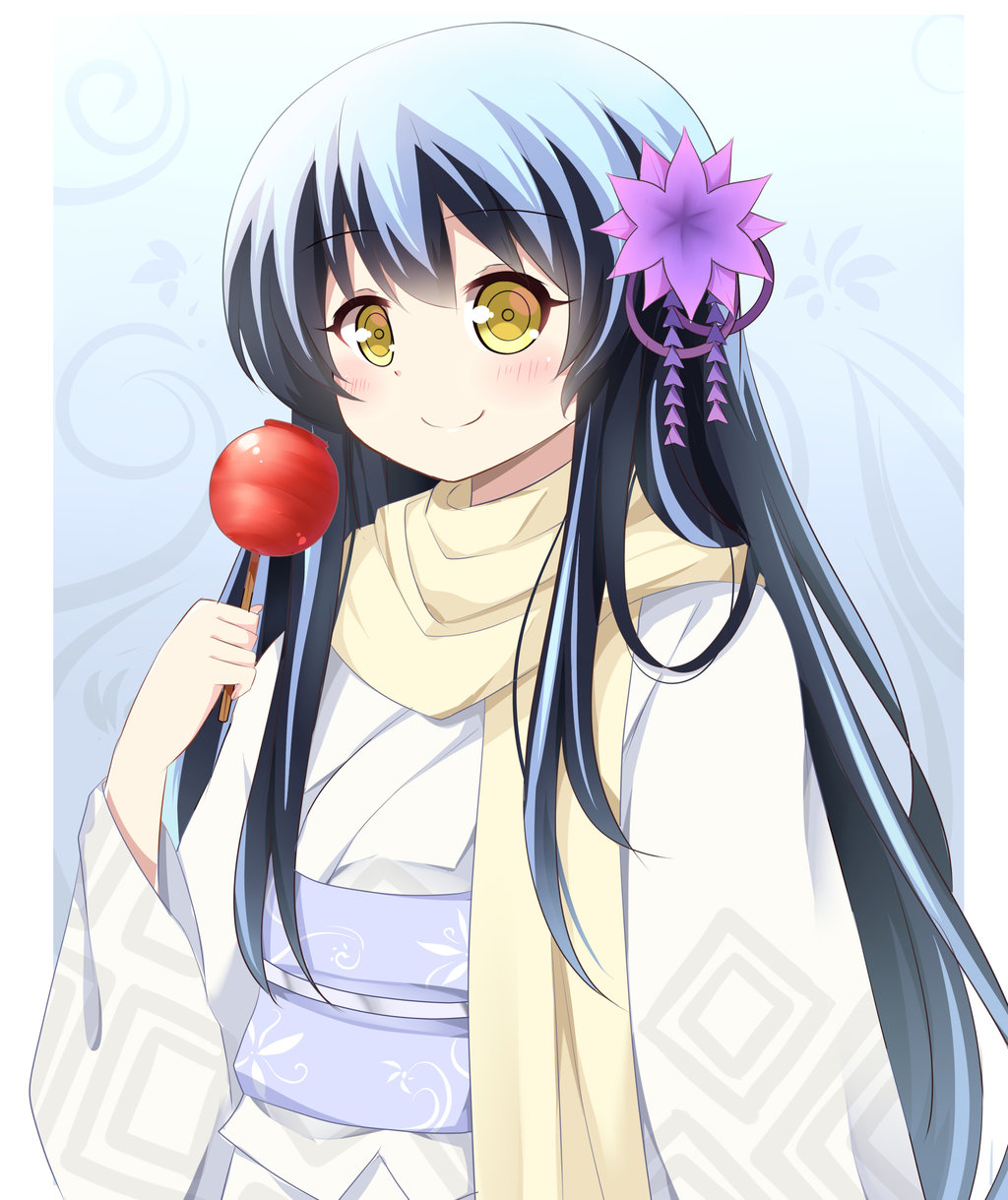 1girl agung_syaeful_anwar blue_hair blush candy_apple closed_mouth commentary english_commentary flower food grey_kimono hair_ornament hand_up highres holding japanese_clothes kimono long_hair long_sleeves looking_at_viewer nurarihyon_no_mago obi oikawa_tsurara purple_flower sash smile solo unmoving_pattern upper_body yellow_eyes