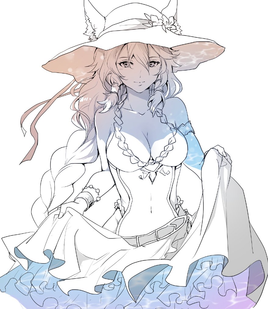 1girl animal_ears braid breasts cat_ears cleavage commentary_request covered_navel cowboy_shot dress dress_lift ears_through_headwear flower granblue_fantasy hair_tubes hat hat_flower heles long_braid long_hair looking_at_viewer single_braid smile solo spot_color sun_hat white_background white_dress zenroku