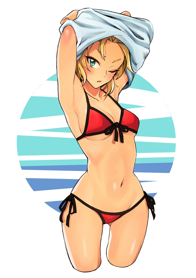 1girl arms_up bikini blonde_hair breasts collarbone cowboy_shot fate/apocrypha fate/grand_order fate_(series) front-tie_bikini front-tie_top green_eyes looking_at_viewer lowleg lowleg_bikini mordred_(fate) mordred_(fate)_(all) mordred_(swimsuit_rider)_(fate) navel onaka_(pixiv11820960) parted_lips red_bikini shirt side-tie_bikini small_breasts solo swimsuit undressing white_background white_shirt