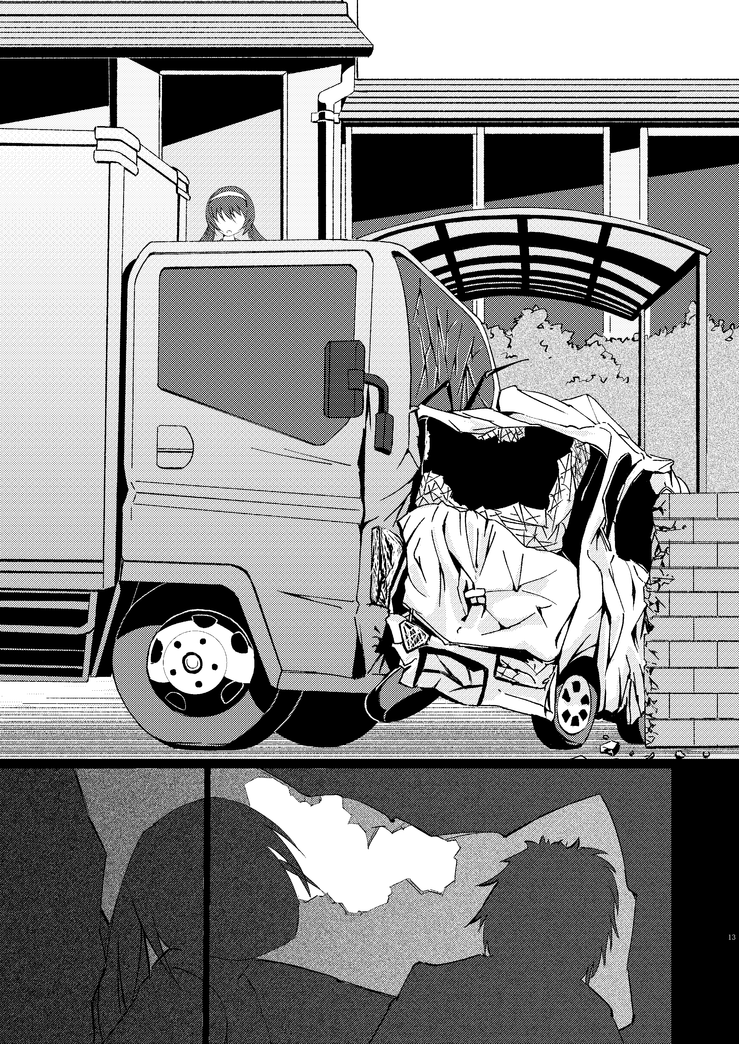 1girl absurdres bangs brick_wall broken_window comic commentary_request crash girls_und_panzer ground_vehicle hairband highres moku_x_moku monochrome motor_vehicle rear-view_mirror reizei_mako road silhouette tire tree truck twintails wheel windshield