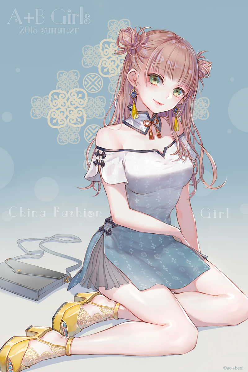 1girl 2018 ao+beni artist_name bag bag_removed bangs bare_legs bare_shoulders blue_background blue_dress blue_nails blunt_bangs breasts brown_hair closed_mouth commentary detached_collar double_bun dress earrings english eyebrows_visible_through_hair full_body green_eyes handbag head_tilt highres jewelry long_hair looking_at_viewer nail_polish off-shoulder_dress off_shoulder original print_dress shiny shiny_hair shiny_skin short_dress short_sleeves sitting small_breasts smile solo tassel toenail_polish white_dress yellow_footwear yokozuwari