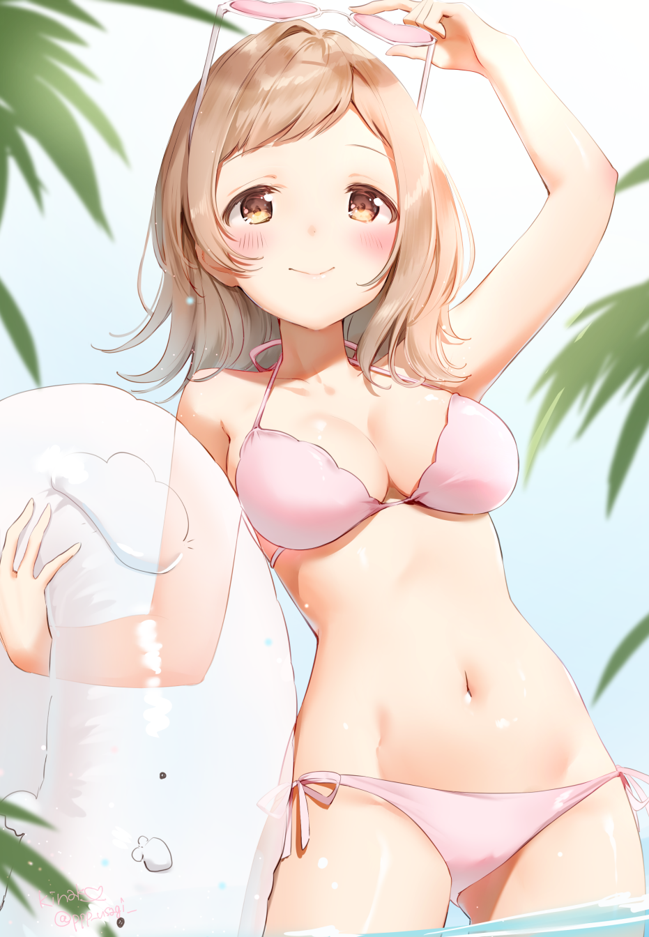 1girl bangs bare_arms bare_shoulders bikini blush breasts brown_eyes eyewear_on_head from_below highres idolmaster idolmaster_shiny_colors innertube light_brown_hair long_hair looking_at_viewer medium_breasts midriff navel palm_leaf partially_submerged pink_bikini sakuragi_mano shiratama_akane side-tie_bikini signature smile solo swept_bangs swimsuit thighs water