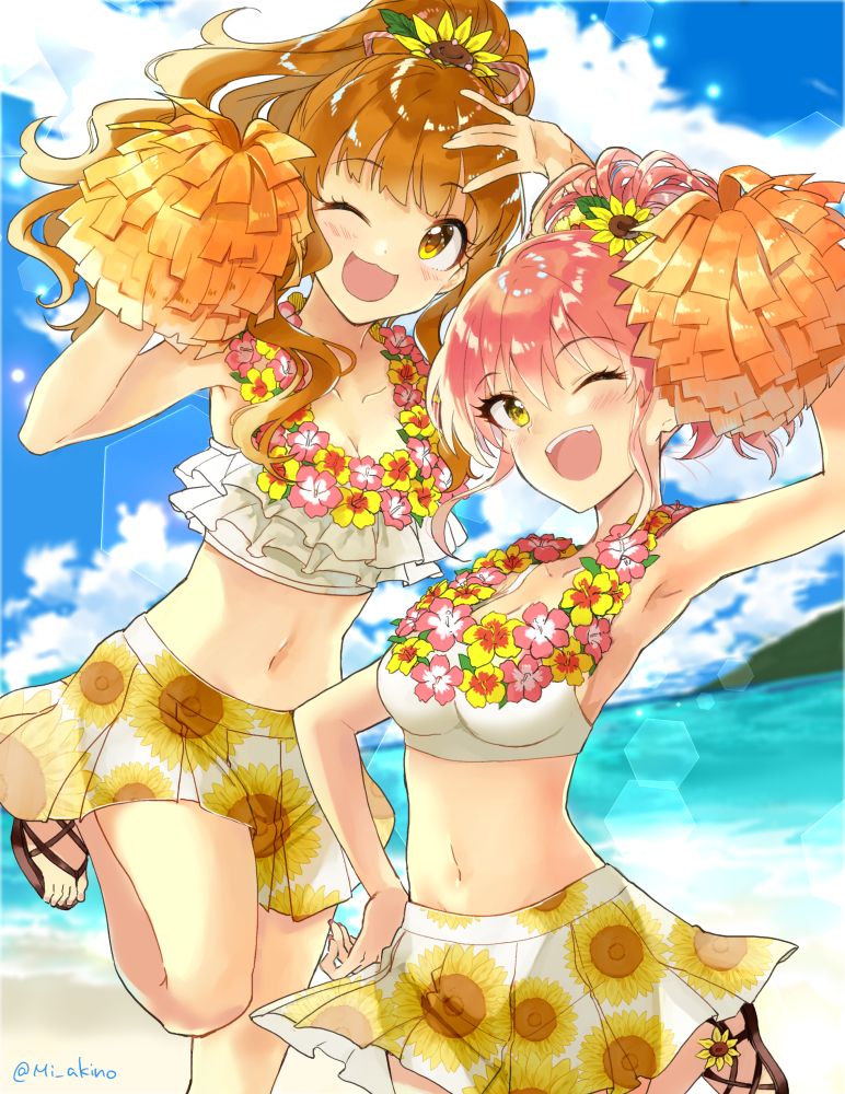 2girls arm_up armpits beach bikini blurry blurry_background breasts brown_eyes cleavage eyebrows_visible_through_hair hand_on_hip idolmaster idolmaster_cinderella_girls jougasaki_mika lei lens_flare long_hair looking_at_viewer midriff miyabi_akino moroboshi_kirari multiple_girls navel one_eye_closed open_mouth pink_hair pleated_skirt pom_poms ponytail sandals short_hair skirt swimsuit yellow_eyes