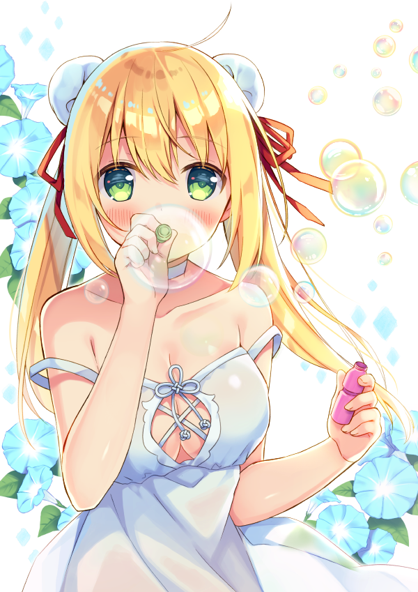 1girl ahoge anzu_(sumisaki_yuzuna) bangs bare_arms bare_shoulders blonde_hair blue_flower blush bubble bubble_blowing bun_cover commentary_request covered_mouth double_bun dress eyebrows_visible_through_hair flower green_eyes hair_between_eyes hair_ribbon hand_up holding long_hair looking_at_viewer morning_glory original red_ribbon ribbon side_bun sleeveless sleeveless_dress solo strap_slip sumisaki_yuzuna twintails very_long_hair white_background white_dress