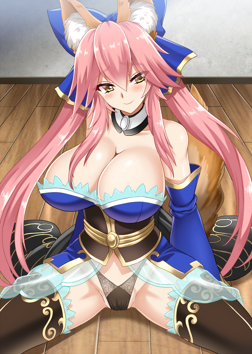 1girl animal_ears bangs bare_shoulders black_panties blue_bow blush bow breasts brown_legwear collarbone detached_collar detached_sleeves fate/grand_order fate_(series) fox_ears fox_girl fox_tail hair_bow hellandheaven highres huge_breasts lace lace-trimmed_thighhighs long_hair panties pink_hair sash smile solo spread_legs tail tamamo_(fate)_(all) tamamo_no_mae_(fate) thigh-highs twintails underwear yellow_eyes
