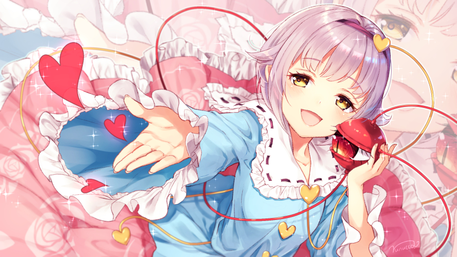 1girl :d alternate_eye_color artist_name blue_shirt blush collarbone commentary_request eyebrows_visible_through_hair floral_print frilled_shirt_collar frilled_sleeves frills hair_ornament hairband heart heart_hair_ornament holding komeiji_satori long_sleeves looking_at_viewer nunucco open_mouth outstretched_arm petticoat pink_hair pink_skirt red_eyes red_hairband ribbon-trimmed_collar ribbon_trim shirt short_hair signature skirt slit_pupils smile solo sparkle third_eye touhou wide_sleeves yellow_eyes zoom_layer