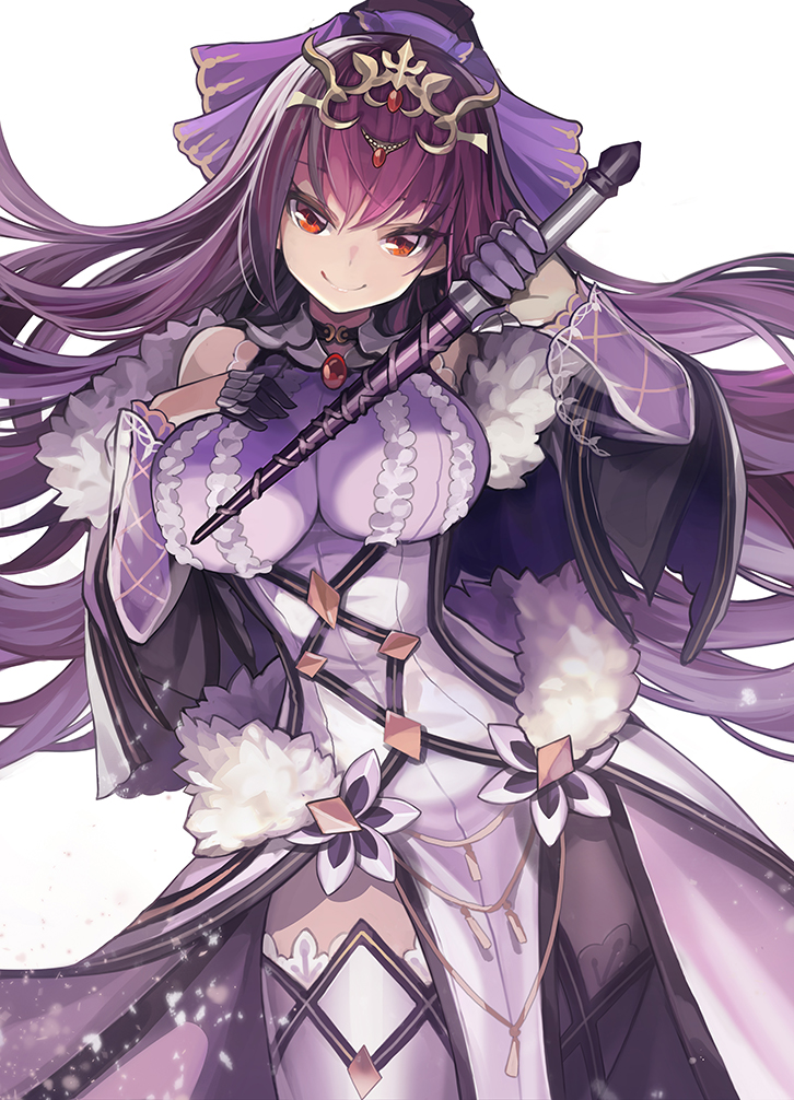 1girl bangs bare_shoulders breasts capelet caster_(lostbelt) dress fate/grand_order fate_(series) forehead_jewel fur_trim gem goomrrat hair_between_eyes hair_ribbon hand_on_own_chest hips large_breasts long_hair looking_at_viewer ponytail purple_dress purple_hair purple_legwear purple_ribbon red_eyes ribbon scathach_(fate)_(all) scathach_skadi_(fate/grand_order) simple_background smile solo thigh-highs tiara wand white_background