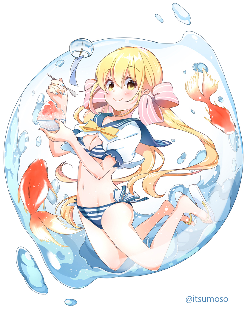 1girl bangs bare_legs bikini blonde_hair blue_nails blue_sailor_collar blush bow breasts brown_eyes cleavage closed_mouth commentary_request eyebrows_visible_through_hair fingernails fish goldfish hair_between_eyes hair_bow holding holding_spoon long_hair nail_polish original pink_bow puffy_short_sleeves puffy_sleeves rougetsu sailor_collar sandals shaved_ice short_sleeves simple_background small_breasts smile solo spoon striped striped_bikini striped_bow swimsuit twintails twitter_username very_long_hair water white_background white_footwear wind_chime yellow_bow