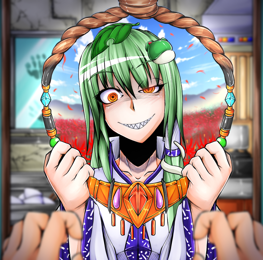 1girl crazy_eyes crazy_smile evil_grin evil_smile eyebrows_visible_through_hair frog_hair_ornament futatsuiwa_mamizou green_hair grin hair_ornament kochiya_sanae leaf leaf_hair_ornament leaf_on_head looking_at_viewer noose sharp_teeth smile snake_hair_ornament teeth teikoku_gensui touhou yellow_eyes