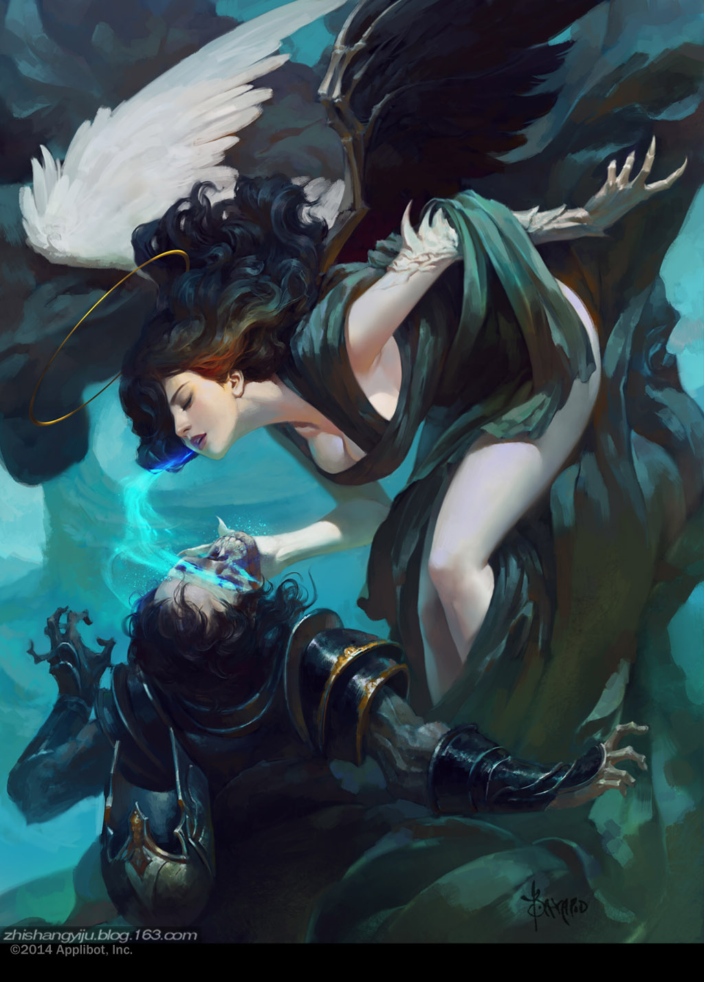 1girl angel armor artist_name bayard_wu black_hair blue_eyes breasts cleavage closed_eyes curly_hair faceless faceless_male feathered_wings glowing glowing_eyes hair_over_one_eye highres legend_of_the_cryptids long_hair multicolored_hair official_art open_mouth orange_hair skull solo teeth two-tone_hair watermark web_address wings