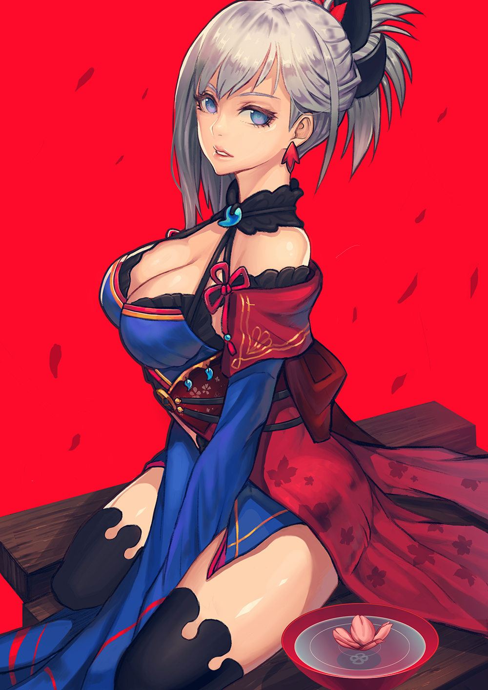 1girl black_legwear blue_kimono breasts choker cleavage detached_sleeves earrings fate/grand_order fate_(series) grey_hair hair_ornament highres japanese_clothes jewelry kimono long_hair looking_at_viewer magatama_necklace medium_breasts miyamoto_musashi_(fate/grand_order) seiza sitting sleeves_past_fingers sleeves_past_wrists solo ssal thigh-highs