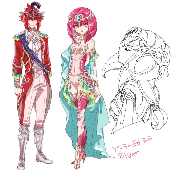 1boy 1girl blush brother_and_sister cape dress fish_girl humanization jewelry long_hair looking_at_viewer mipha pointy_ears redhead shuri_(84k) siblings sidon smile the_legend_of_zelda the_legend_of_zelda:_breath_of_the_wild yellow_eyes