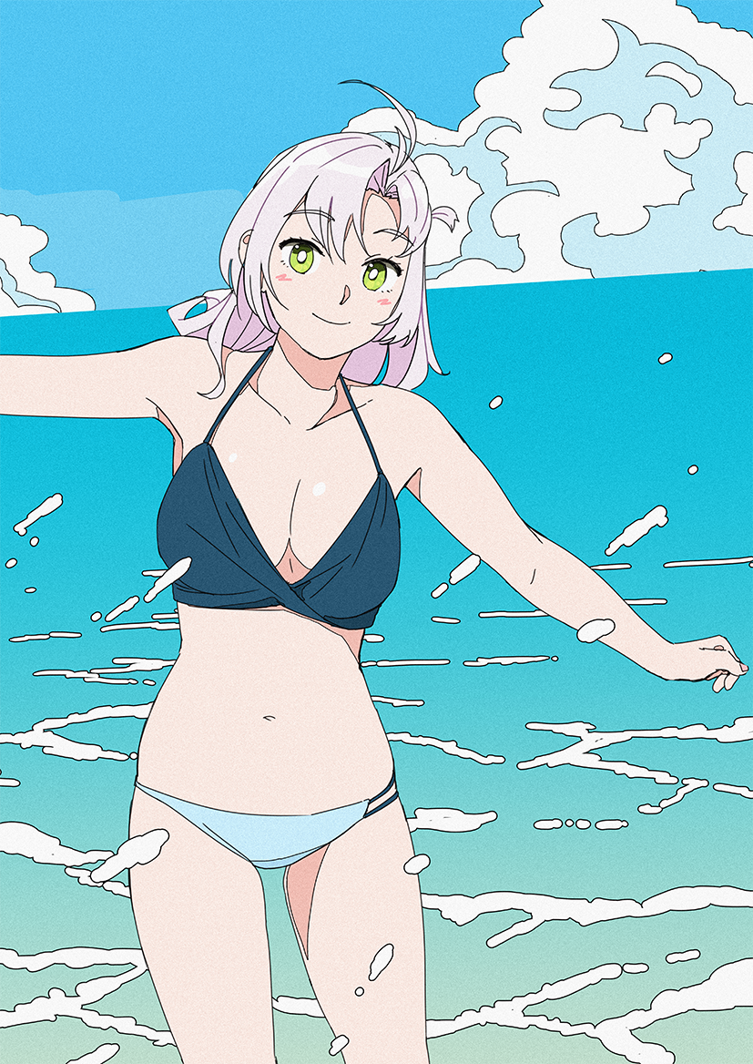 1girl antenna_hair blue_sky breasts cleavage clouds cloudy_sky cowboy_shot day eyebrows_visible_through_hair green_eyes kantai_collection kinugasa_(kantai_collection) looking_at_viewer medium_breasts navel ocean ojipon outstretched_arms pink_hair sky smile solo swimsuit