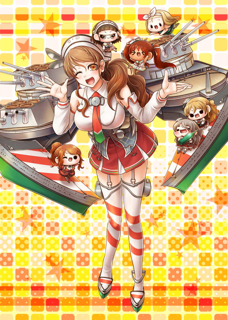 &gt;_&lt; 6+girls alcohol anchor aquila_(kantai_collection) armor ascot bare_shoulders black_skirt blonde_hair boots bottle bow bowtie braid breasts brown_eyes brown_hair cannon capelet checkered checkered_background collared_shirt corset detached_sleeves dress drunk french_braid full_body garter_straps glasses green_eyes green_ribbon grey_hair hairband hat headdress headgear high_ponytail inflatable_raft jacket juliet_sleeves kantai_collection large_breasts layered_skirt libeccio_(kantai_collection) littorio_(kantai_collection) long_hair long_sleeves luigi_torelli_(kantai_collection) machinery mast minigirl miniskirt multiple_girls necktie one-piece_swimsuit one_eye_closed open_mouth orange_hair peaked_cap pince-nez pleated_skirt pola_(kantai_collection) ponytail puffy_sleeves red_jacket remodel_(kantai_collection) ribbon roma_(kantai_collection) sailor_dress shirt short_hair skirt sleeveless sleeveless_dress sleeveless_shirt smile star starry_background swimsuit thigh-highs turret twintails wavy_hair wetsuit white_legwear white_shirt yumaru_(marumarumaru) zara_(kantai_collection)