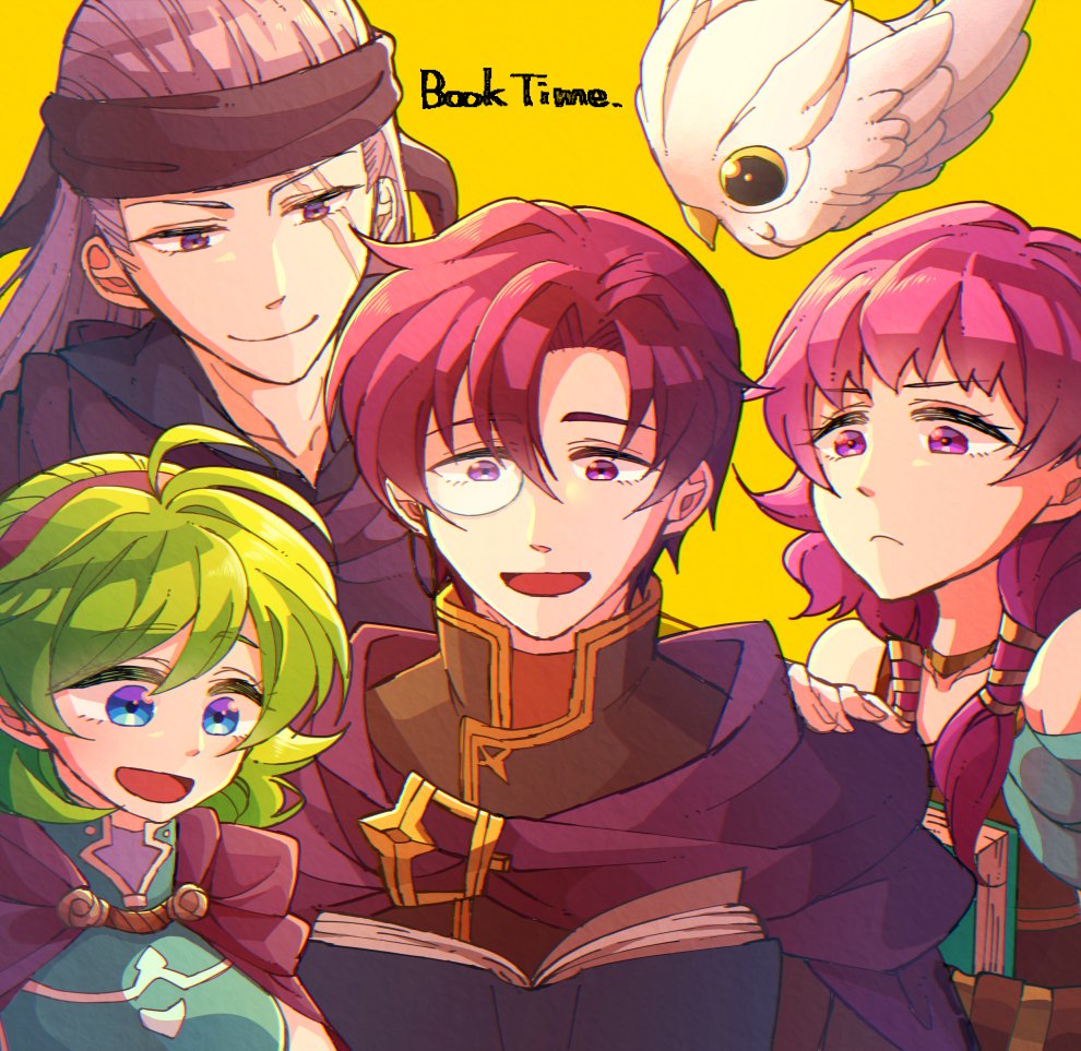 2boys 2girls bare_shoulders black_headband blue_eyes book canas cape closed_mouth feh_(fire_emblem_heroes) fire_emblem fire_emblem:_rekka_no_ken fire_emblem:_seima_no_kouseki fire_emblem_heroes green_hair hairband headband holding holding_book hzk_(ice17moon) jewelry legault long_hair lute_(fire_emblem) monocle multiple_boys multiple_girls necklace nino_(fire_emblem) open_book open_mouth purple_hair purple_hairband scar scar_across_eye short_hair simple_background smile twintails violet_eyes yellow_background