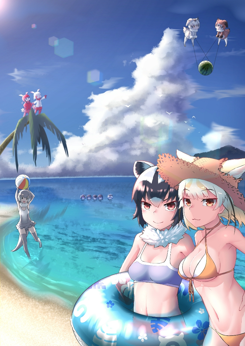 &gt;:) 6+girls :3 animal_ears arms_up ball bangs bare_arms bare_shoulders beach beachball bikini bird bird_tail bird_wings black_hair blonde_hair blue_sky breasts brown_coat brown_hair cleavage closed_eyes closed_mouth clouds cloudy_sky coat commentary_request common_raccoon_(kemono_friends) day ears_through_headwear elbow_gloves emperor_penguin_(kemono_friends) eurasian_eagle_owl_(kemono_friends) extra_ears eyebrows_visible_through_hair fennec_(kemono_friends) food fox_ears front-tie_bikini front-tie_top fruit fur_collar gentoo_penguin_(kemono_friends) gloves grey_coat grey_legwear hair_between_eyes halterneck hat head_wings holding holding_ball humboldt_penguin_(kemono_friends) jacket japanese_crested_ibis_(kemono_friends) kemono_friends long_hair long_sleeves looking_at_viewer multicolored_hair multiple_girls navel net northern_white-faced_owl_(kemono_friends) ocean open_mouth otter_ears otter_tail outdoors pantyhose partially_submerged penguins_performance_project_(kemono_friends) raccoon_ears red_legwear redhead rockhopper_penguin_(kemono_friends) royal_penguin_(kemono_friends) sand seagull short_hair skirt sky small-clawed_otter_(kemono_friends) st.takuma stomach straw_hat swimming swimsuit tail thigh-highs tsurime two-tone_hair water watermelon white_hair wings