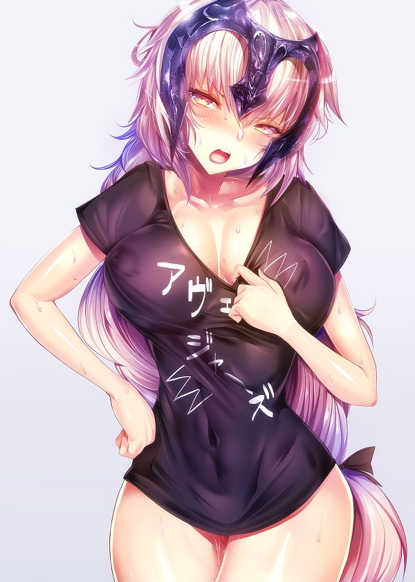 1girl breasts cleavage commentary_request cowboy_shot eyebrows_visible_through_hair fate/grand_order fate_(series) grey_background hair_ribbon headpiece high_ponytail hot jeanne_d'arc_(alter)_(fate) jeanne_d'arc_(fate)_(all) large_breasts long_hair open_mouth ribbon shirt silly_(marinkomoe) solo sweat t-shirt v-neck very_long_hair white_hair yellow_eyes