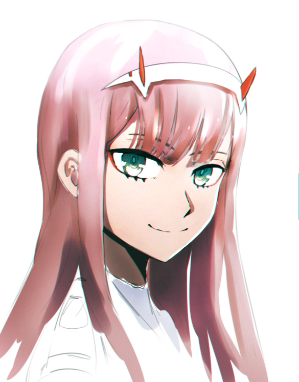 1girl closed_mouth darling_in_the_franxx eyeshadow green_eyes hairband horns looking_at_viewer makeup murasaki_saki pink_hair portrait simple_background sketch smile solo white_background zero_two_(darling_in_the_franxx)