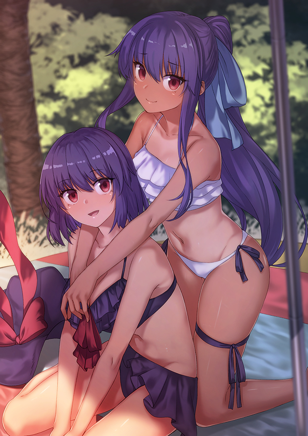 2girls :d alternate_hairstyle bare_arms bare_legs bare_shoulders bikini black_bikini black_hat blue_ribbon collarbone commentary_request feet_out_of_frame frilled_bikini frills groin hair_ribbon hat hat_removed hat_ribbon headwear_removed hinanawi_tenshi ibuki_notsu kneeling long_hair looking_at_viewer multiple_girls nagae_iku navel no_hat no_headwear one-piece_tan open_mouth palm_tree ponytail purple_hair red_eyes red_ribbon ribbon short_hair side-tie_bikini sidelocks sitting smile stomach swimsuit tan tanline thighs touhou tree umbrella very_long_hair wariza white_bikini