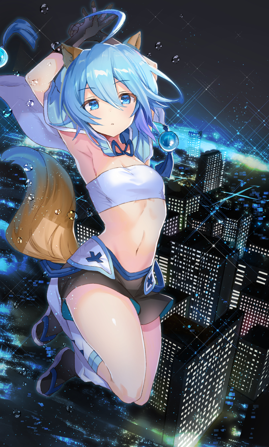 ahoge animal_ears armpits arms_up black_gloves black_legwear blue_hair building cityscape copyright_request cover cover_page flat_chest fox_ears fox_tail full_body gloves hayama_eishi highres looking_at_viewer navel night night_sky novel_cover novel_illustration official_art sandals sky skyscraper tail
