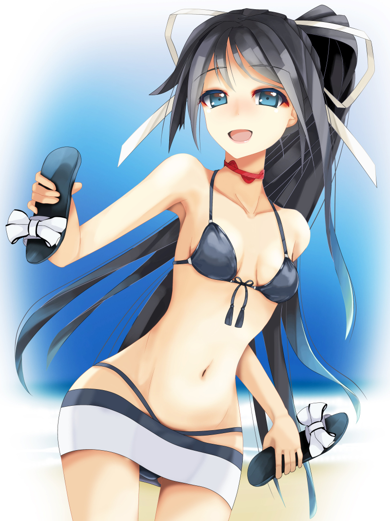 1girl bikini black_bikini black_hair blue_eyes blush breasts eyebrows_visible_through_hair gradient gradient_background groin kantai_collection katsuragi_(kantai_collection) long_hair looking_at_viewer momin open_mouth ponytail sandals shoes small_breasts solo swimsuit very_long_hair