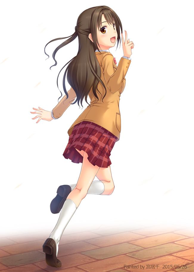 1girl 2015 :d artist_name brown_eyes brown_footwear brown_hair brown_jacket dated idolmaster idolmaster_cinderella_girls jacket kneehighs leg_up loafers long_hair looking_at_viewer looking_back miniskirt miyai_sen open_mouth pleated_skirt red_skirt running school_uniform shimamura_uzuki shoes simple_background skirt smile solo v white_background white_legwear