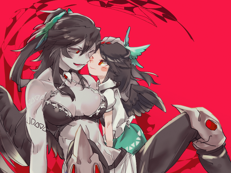 2girls arm_support bare_arms bare_shoulders bird_wings black_hair black_wings blush_stickers bow breasts chamaruku cheek-to-cheek collarbone commentary_request crop_top dual_persona eye_contact green_bow grey_skin hair_between_eyes hair_bow halter_top halterneck hand_on_another's_head height_difference knees_up long_hair looking_at_another medium_breasts midriff multiple_girls one_eye_closed pants ponytail puffy_short_sleeves puffy_sleeves red_eyes reiuji_utsuho shirt short_sleeves sitting skirt smile stomach touhou upper_body wings