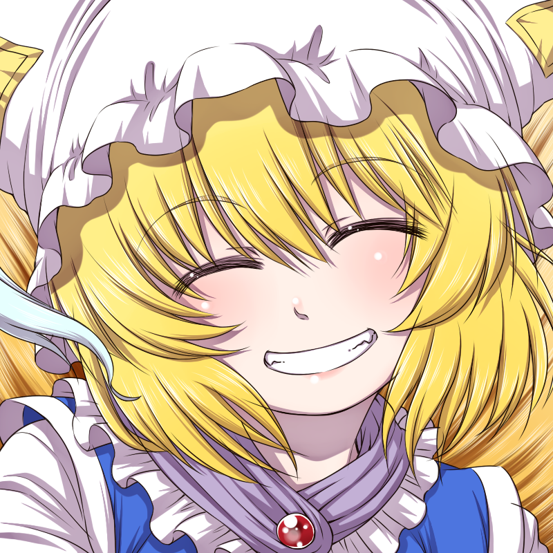 1girl blonde_hair blue_dress closed_eyes commentary_request dress eyebrows_visible_through_hair facing_viewer fox_tail grin hanya_(hanya_yashiki) hat mob_cap multiple_tails partial_commentary pillow_hat portrait short_hair smile solo tail touhou white_hat yakumo_ran