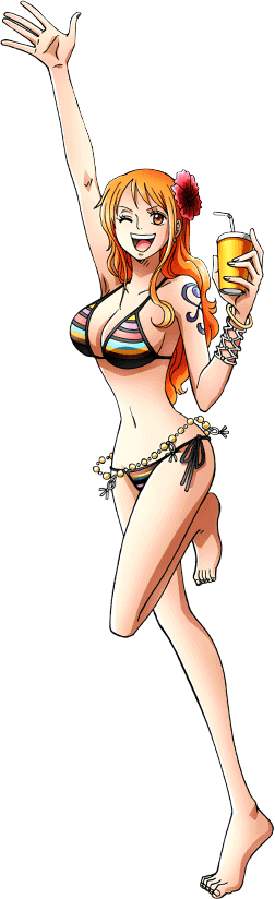 1girl arm_up bare_legs barefoot bikini bracelet breasts cleavage cup female full_body hair_flower hair_ornament holding holding_cup horizontal-striped_bikini horizontal_stripes jewelry long_hair looking_at_viewer midriff multicolored multicolored_bikini multicolored_clothes nami_(one_piece) navel official_art one_eye_closed one_leg_raised one_piece open_mouth orange_hair shoulder_tattoo side-tie_bikini sideboob smile standing standing_on_one_leg striped striped_bikini swimsuit tattoo teeth transparent_background upper_teeth