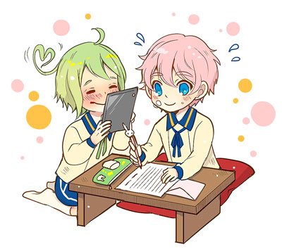 2boys ahoge akita_toushirou closed_eyes envelope fujimaru_mirai green_hair lowres male_focus mouri_toushirou multiple_boys paper pillow pink_hair polka_dot reading socks touken_ranbu uniform writing