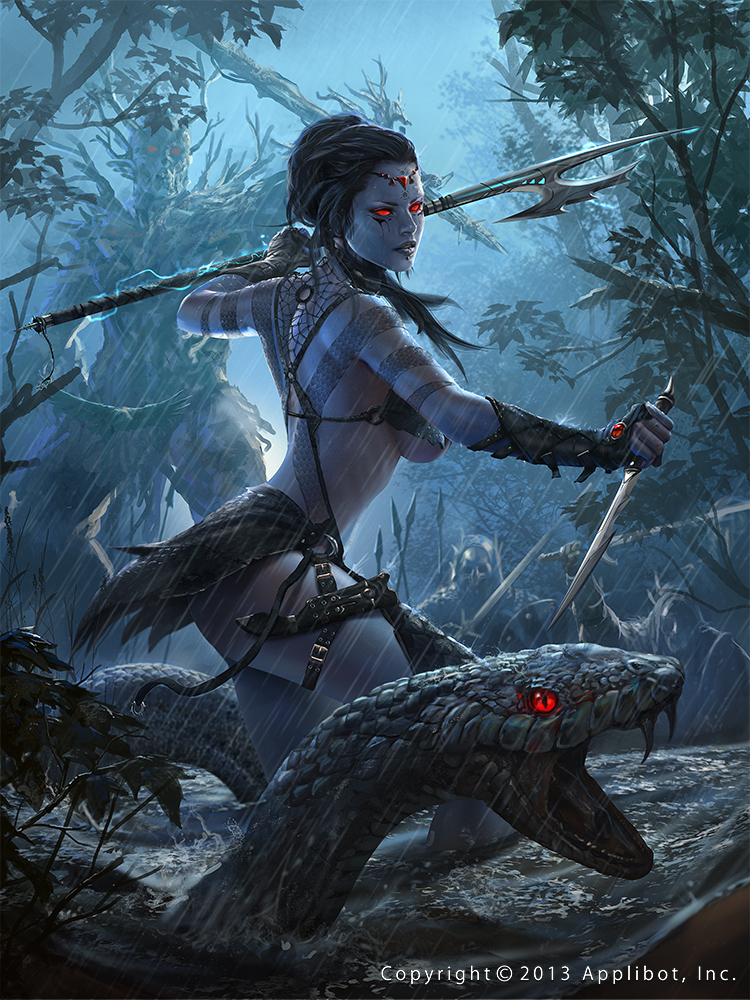 1girl alex_negrea back bare_shoulders black_hair blue_skin breasts bug circlet dagger faceless faceless_male fangs glowing glowing_eyes jewelry leaf legend_of_the_cryptids lingerie long_hair midriff necklace official_art open_mouth polearm red_eyes snake solo spear tattoo teeth tree underwear water weapon