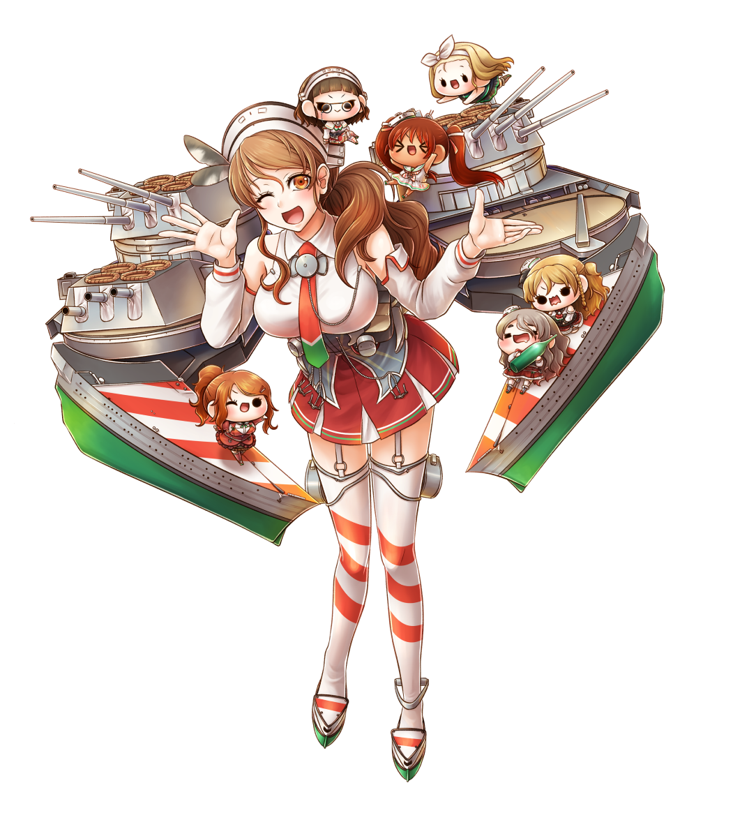 &gt;_&lt; 6+girls alcohol anchor aquila_(kantai_collection) armor ascot bare_shoulders black_skirt blonde_hair boots bottle bow bowtie braid breasts brown_eyes brown_hair cannon capelet collared_shirt corset detached_sleeves dress drunk french_braid full_body garter_straps glasses green_eyes green_ribbon grey_hair hairband hat headdress headgear high_ponytail inflatable_raft jacket juliet_sleeves kantai_collection large_breasts layered_skirt libeccio_(kantai_collection) littorio_(kantai_collection) long_hair long_sleeves luigi_torelli_(kantai_collection) machinery mast minigirl miniskirt multiple_girls necktie one-piece_swimsuit one_eye_closed open_mouth orange_hair peaked_cap pince-nez pleated_skirt pola_(kantai_collection) ponytail puffy_sleeves red_jacket remodel_(kantai_collection) ribbon roma_(kantai_collection) sailor_dress shirt short_hair simple_background skirt sleeveless sleeveless_dress sleeveless_shirt smile swimsuit thigh-highs turret twintails wavy_hair wetsuit white_background white_legwear white_shirt yumaru_(marumarumaru) zara_(kantai_collection)