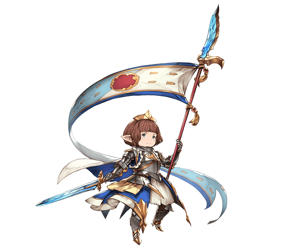 1girl armor blue_eyes bridgette_(granblue_fantasy) brown_hair flag gold_footwear granblue_fantasy harvin hat holding holding_flag holding_sword holding_weapon looking_away minaba_hideo official_art pointy_ears short_hair solo sword transparent_background weapon