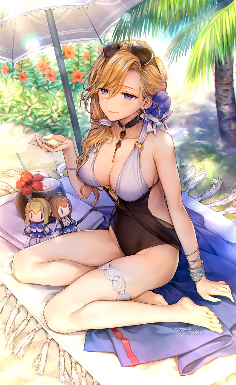 3girls azur_lane barefoot blonde_hair blue_eyes bracelet breasts casual_one-piece_swimsuit character_doll cleavage coconut commentary_request eyewear_on_head highres hood_(azur_lane) jewelry kaguyuzu legs long_hair multiple_girls one-piece_swimsuit parasol renown_(azur_lane) repulse_(azur_lane) sand seashell shell signature swimsuit thighlet umbrella