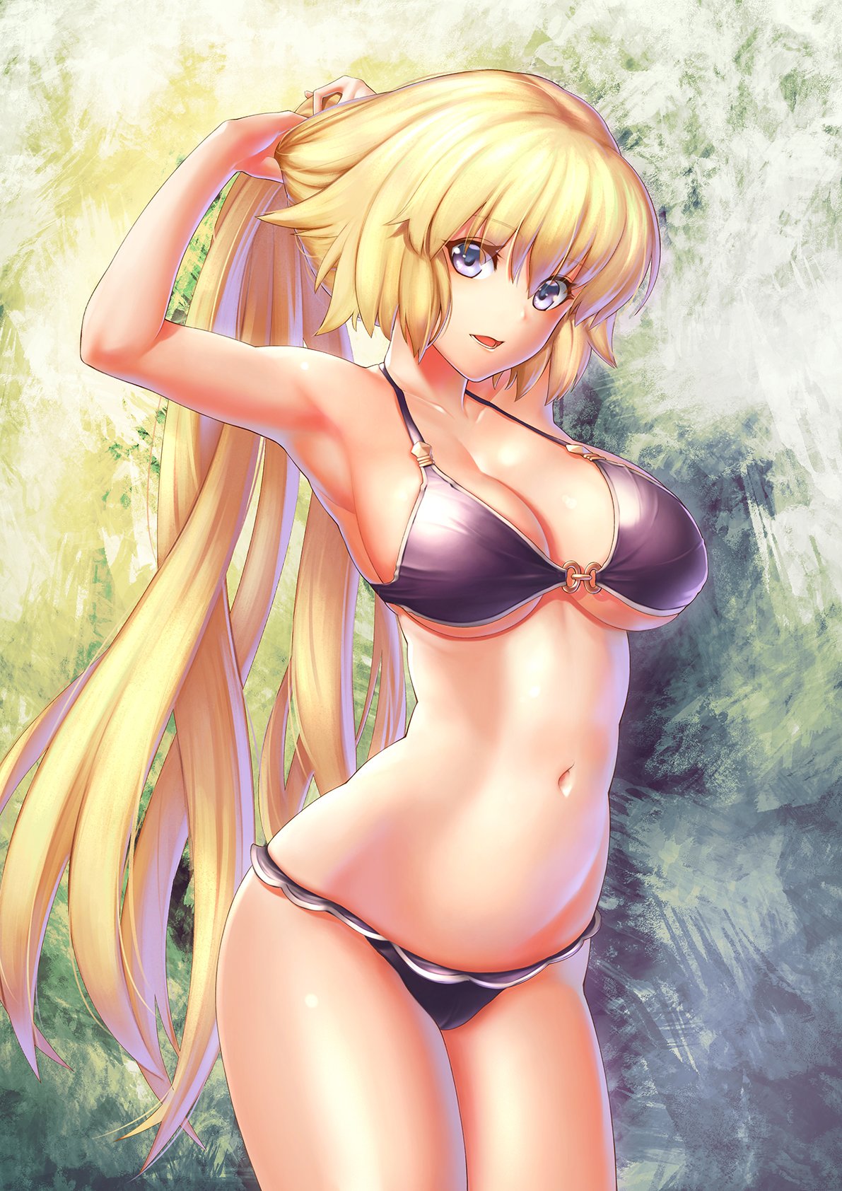 1girl adjusting_hair alternate_costume armpits arms_up bangs bikini blonde_hair blue_eyes breasts cleavage collarbone commentary_request eyebrows_visible_through_hair facing_viewer fate/grand_order fate_(series) halter_top halterneck highres itaco1987 jeanne_d'arc_(fate) jeanne_d'arc_(fate)_(all) large_breasts long_hair looking_at_viewer navel open_mouth ponytail purple_bikini solo swimsuit tying_hair under_boob very_long_hair