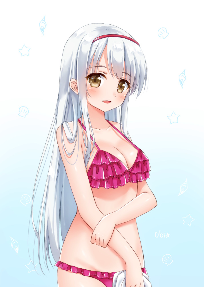 1girl bikini blush breasts brown_eyes eyebrows_visible_through_hair gradient gradient_background hoshino_kagari kantai_collection long_hair looking_at_viewer medium_breasts open_mouth pink_bikini shoukaku_(kantai_collection) solo swimsuit white_hair