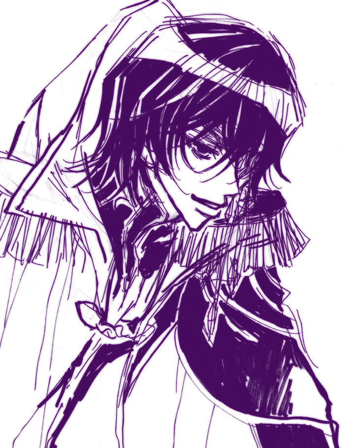 1boy black_hair clothes code_geachu_lelouch_of_the_calamity code_geass from_side kou_(suzalulu) lelouch_lamperouge male_focus purple simple_background sketch smile solo uniform upper_body v-shaped_eyebrows violet_eyes white_background