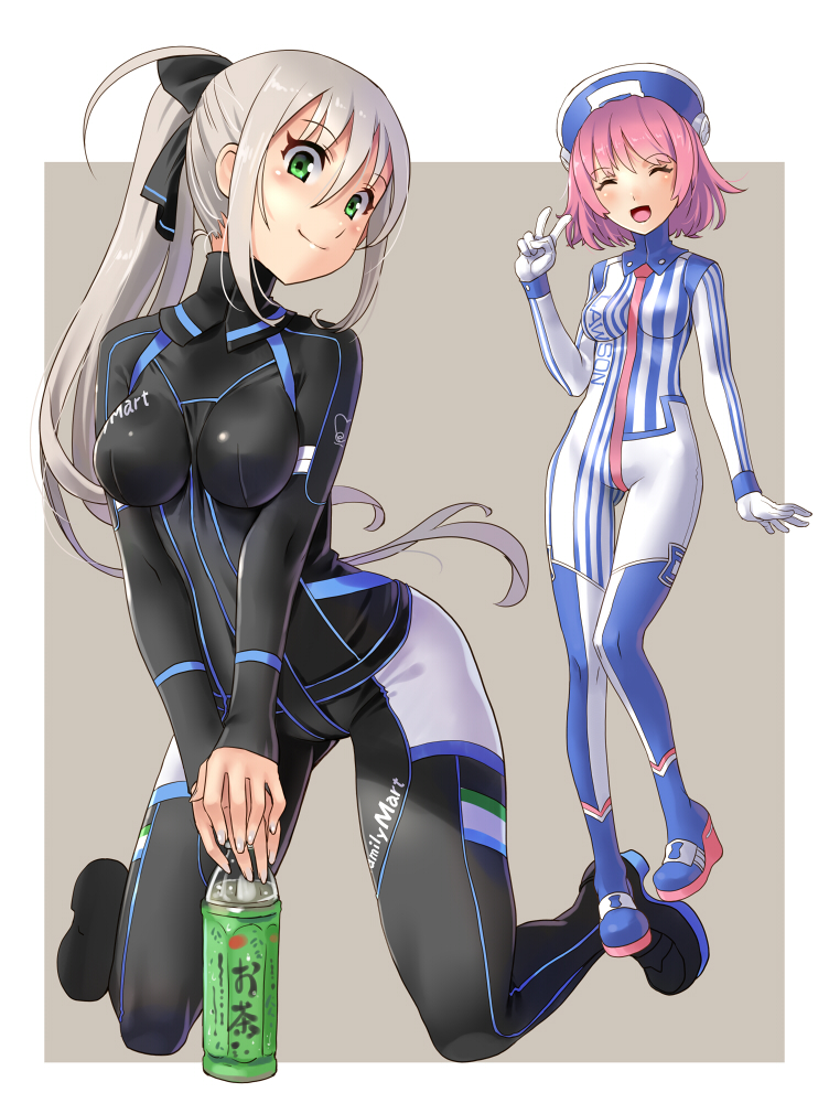 2girls adapted_costume black_bodysuit blue_hat bodysuit bottle closed_eyes employee_uniform familymart full_body gluteal_fold green_eyes grey_background hat impossible_clothes katahira_masashi kneeling lawson long_hair looking_at_viewer multiple_girls open_mouth original pink_hair ponytail short_hair silver_hair simple_background sitting smile standing striped two-tone_background uniform v vertical_stripes white_background white_bodysuit