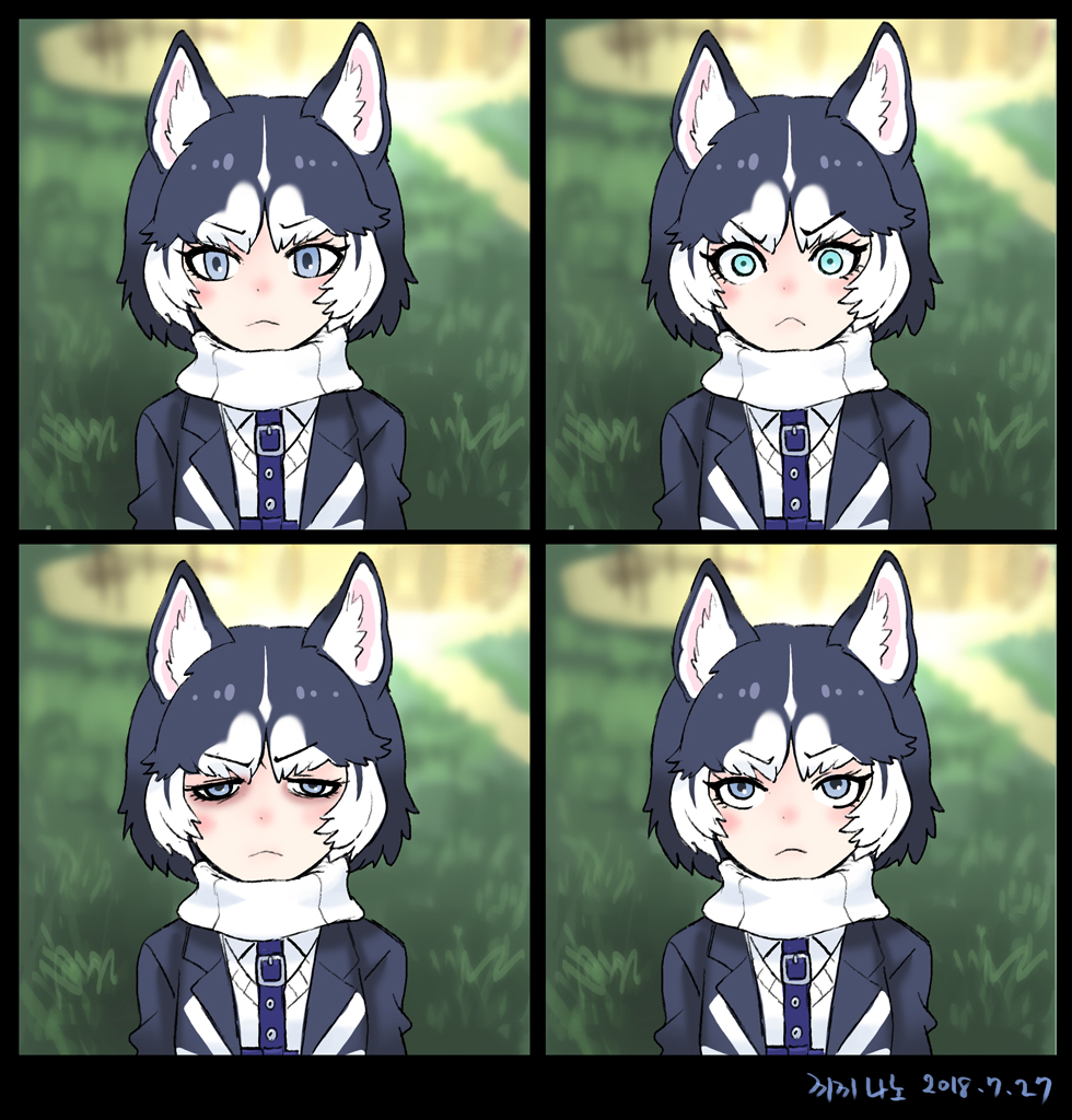 1girl :&lt; animal_ears black_hair blue_eyes commentary dated dog_ears english_commentary expressions eyebrows_visible_through_hair frown glaring grass kemono_friends looking_at_viewer multicolored_hair outdoors photo-referenced roonhee serious short_hair siberian_husky_(kemono_friends) two-tone_hair upper_body v-shaped_eyebrows white_hair