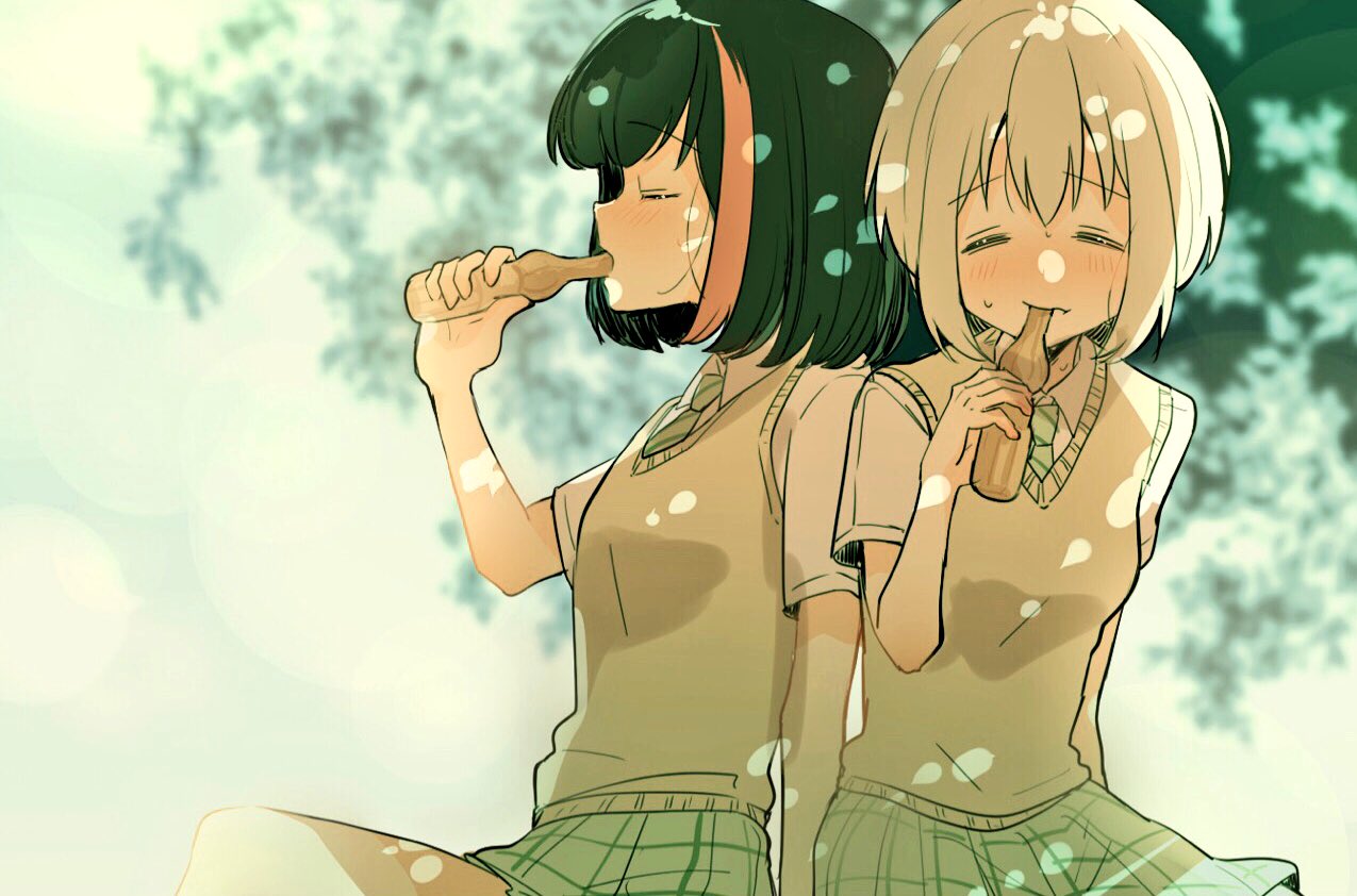 2girls aoba_moka bad_id bang_dream! bangs black_hair blush bob_cut closed_eyes commentary_request day eating eyebrows_visible_through_hair green_neckwear green_skirt grey_hair haneoka_school_uniform holding mitake_ran multicolored_hair multiple_girls outdoors plaid plaid_skirt redhead school_uniform short_hair short_sleeves sitting skirt streaked_hair striped_neckwear sweatdrop sweater_vest tupet wata_yuki