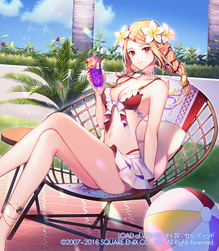 1girl ball beachball bendy_straw bikini blonde_hair blue_sky blush breasts chains character_request cleavage closed_mouth clouds commentary_request copyright_name cup day drink drinking_glass drinking_straw flower hair_flower hair_ornament holding holding_drinking_glass ice ice_cube long_hair lord_of_vermilion medium_breasts momoshiki_tsubaki outdoors palm_tree pink_flower pointy_ears red_bikini red_eyes sitting sky smile solo summer swimsuit table tree watermark web_address white_flower